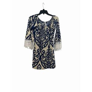 Cezanne-Small Ivory with Navy Scroll Pattern, 3/4 Lace Sleeve, Tunic Top Boho
